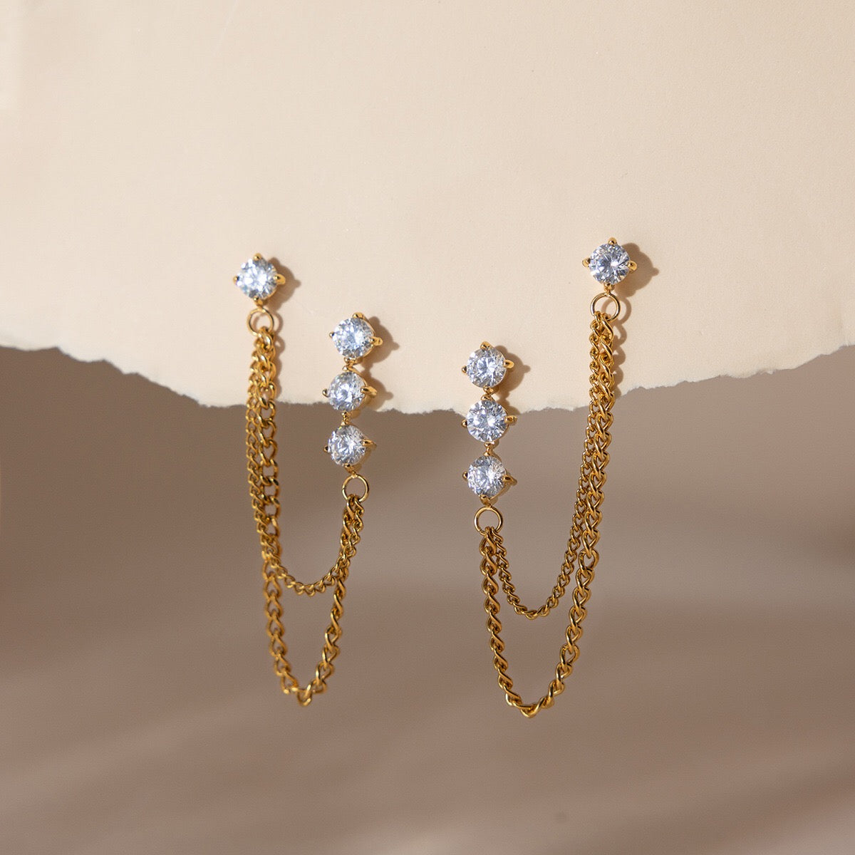 18K Gold Cascade Chain Drop Dangle CZ Stud Earrings Double Piercings