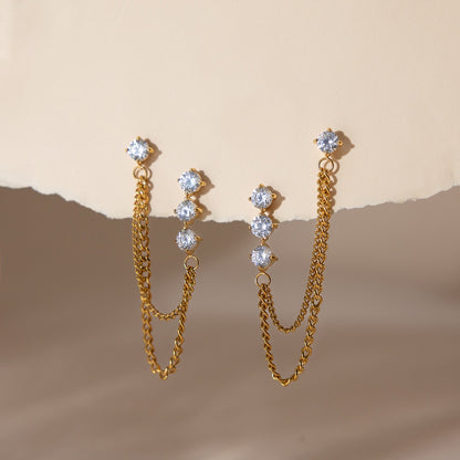 18K Gold Cascade Chain Drop Dangle CZ Stud Earrings Double Piercings