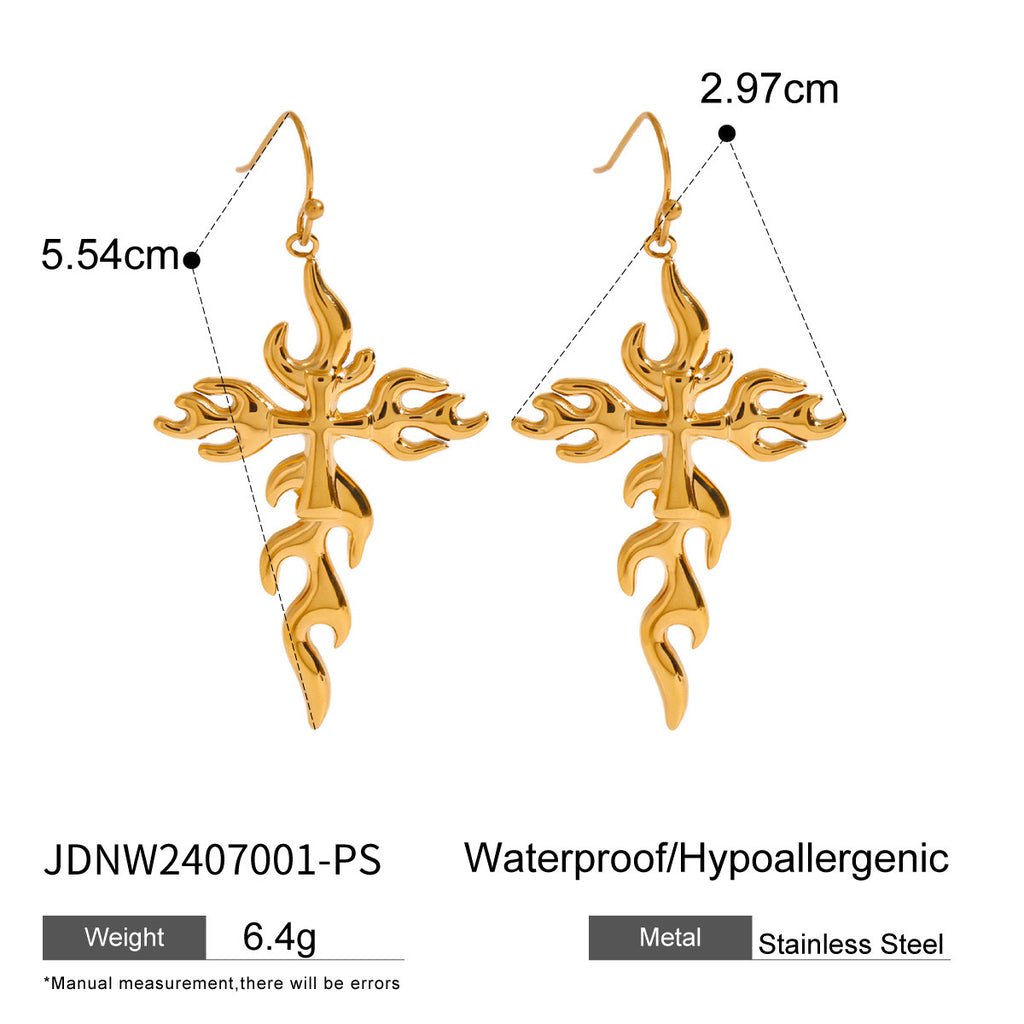 18K Gold Fire Cross Pendant Paperclip Chain Statement Necklace