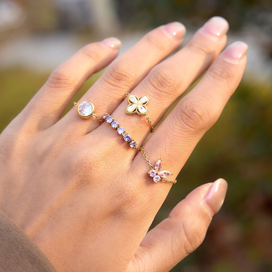 18K Gold Daydream Pink Butterfly Color Stones Adjustable Chain Ring