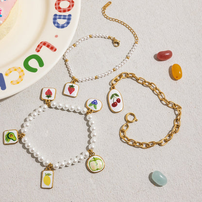 18K Gold Tropical Fruit Charm Pearl Chain Bracelet Stack