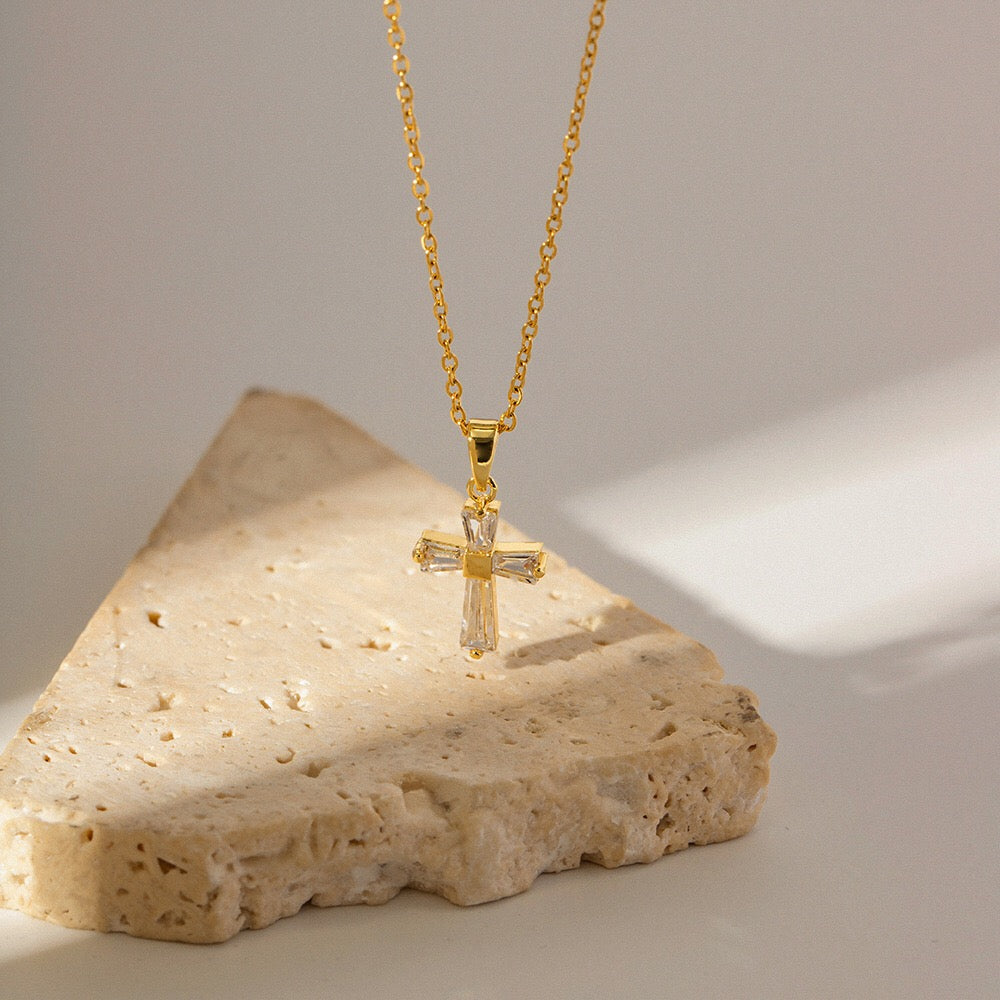 18K Gold Minimalist Crystal Cross Necklace