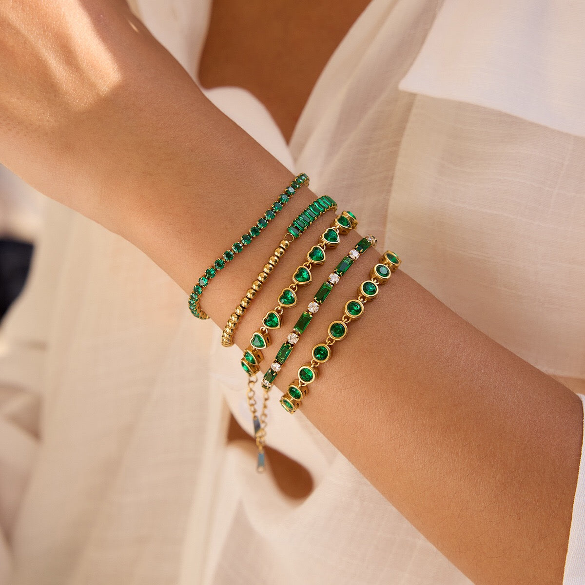 18K Gold Green Royale Emerald Tennis Chain Bracelet Stack