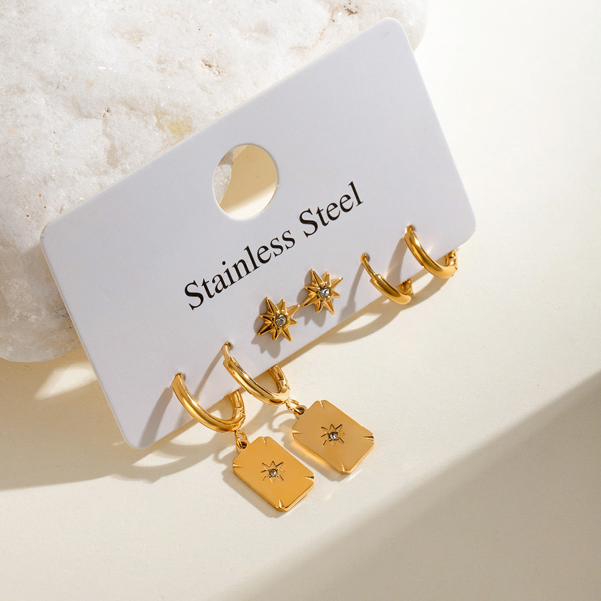 18K Gold Celestial Studs Charm Huggie Earrings Set