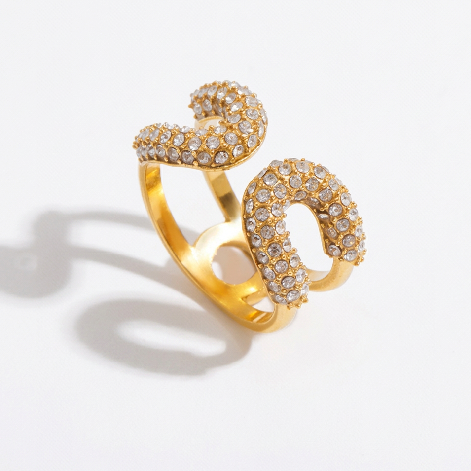 18K Gold Runway Chic Safety Pin CZ Pearl Statement Rings