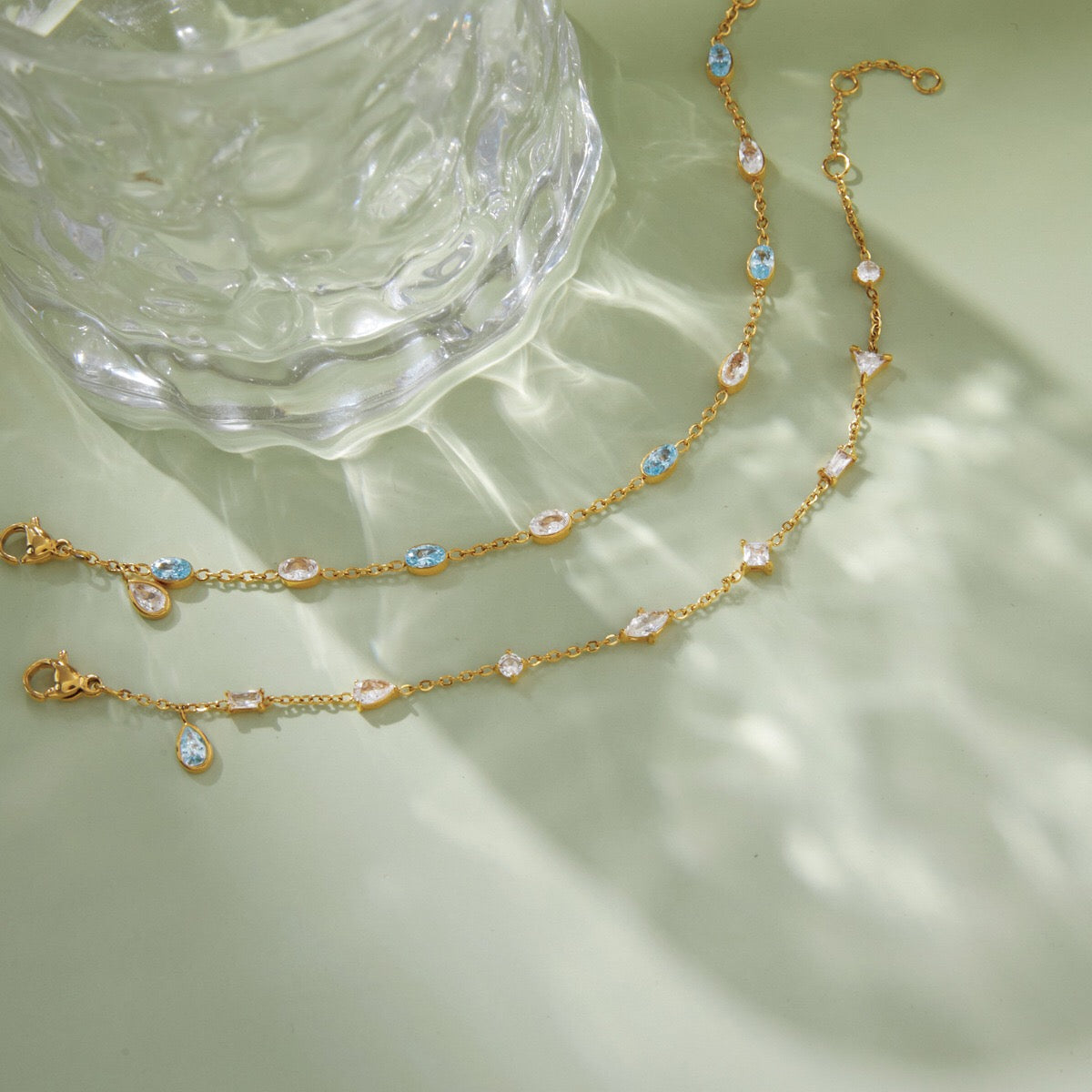 18K Gold Blue Lagoon Dainty Chain Bracelet Stacks