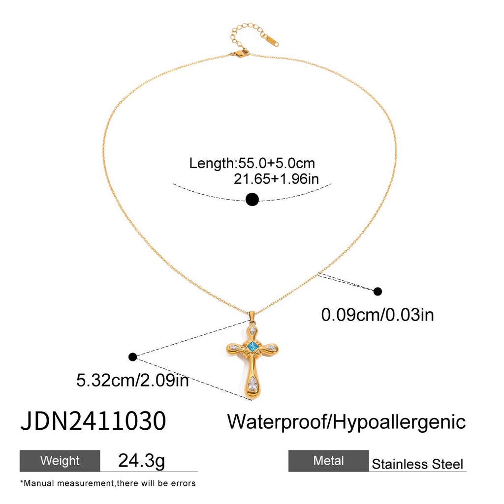 18K Gold Blue Halo Cross Pendant Statement Long Necklace