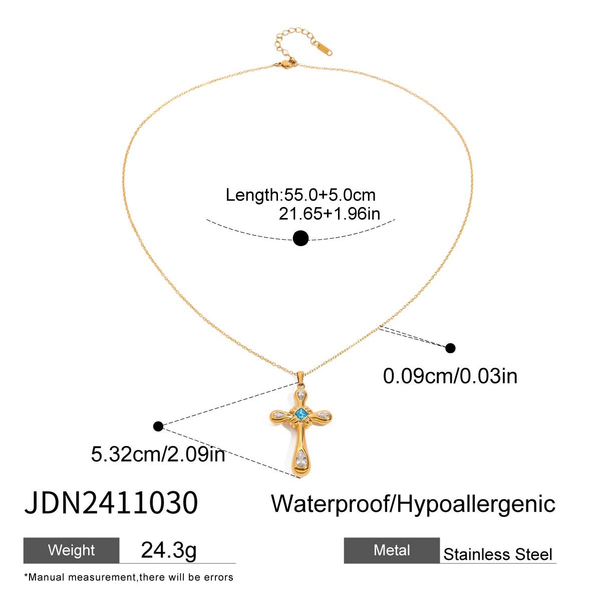 18K Gold Blue Halo Cross Pendant Statement Long Necklace