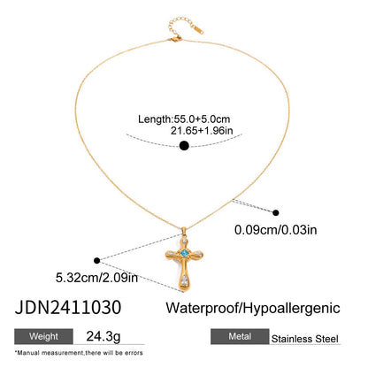 18K Gold Blue Halo Cross Pendant Statement Long Necklace