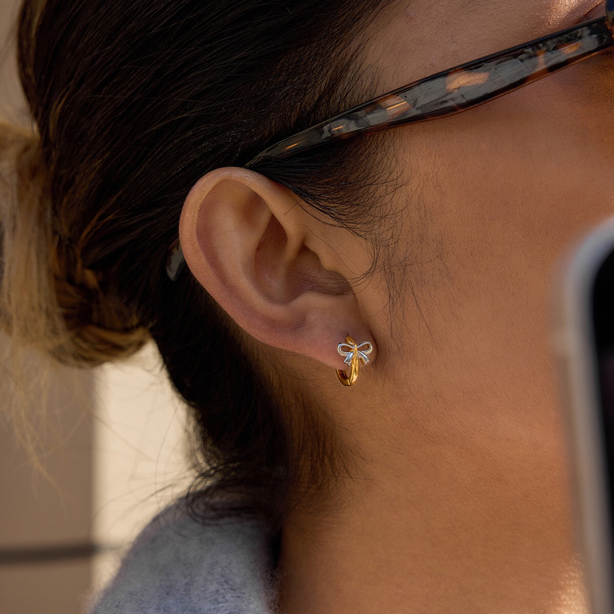 18K Gold and Silver Two Tone Bow Small Hoop Huggie Earrings