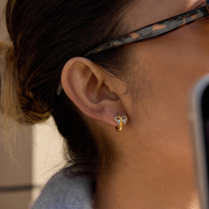 18K Gold and Silver Two Tone Bow Small Hoop Huggie Earrings