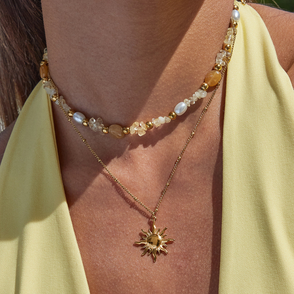 18K Gold Sun Pendant Beaded Pearl Layered Necklace Set