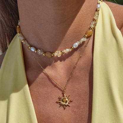 18K Gold Sun Pendant Beaded Pearl Layered Necklace Set