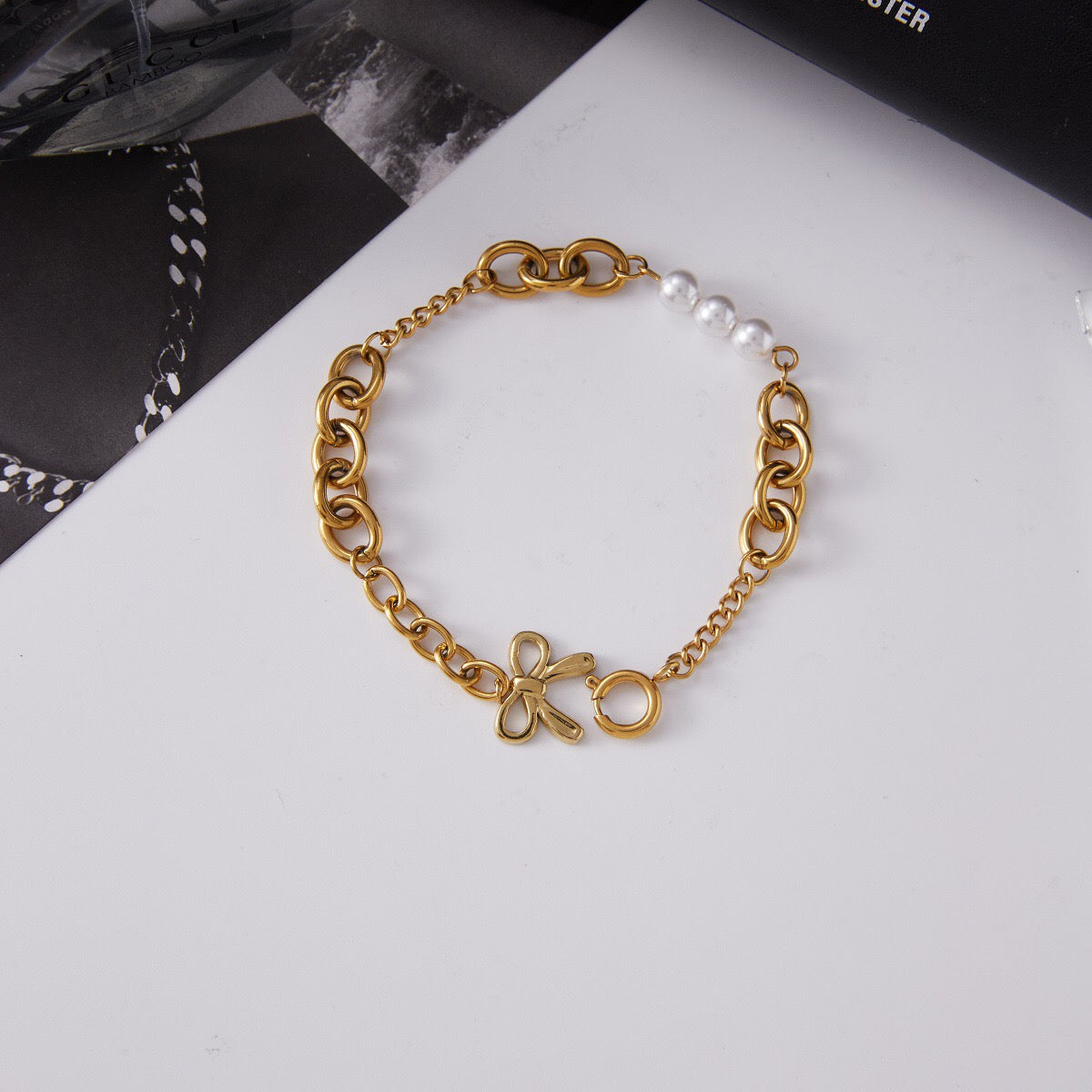 18K Gold Golden Form Pearl Paperclip Chain Bracelet Stack
