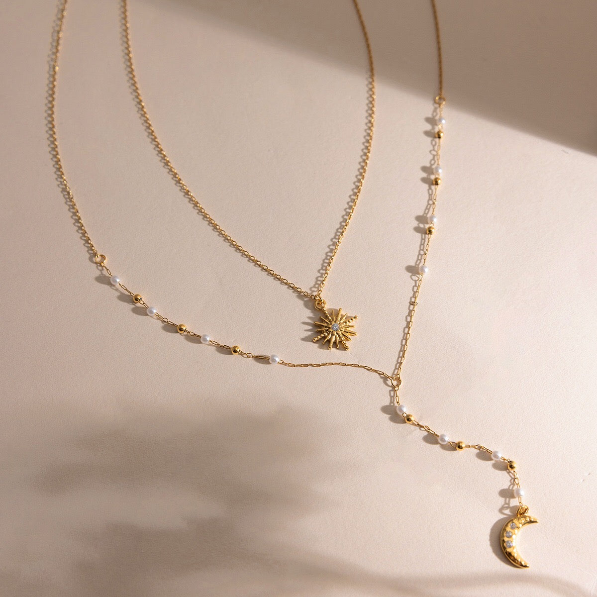 18K Gold Eclipse Spark Sun and Moon Pearl Pendant Y shape Lariat Layered Necklace