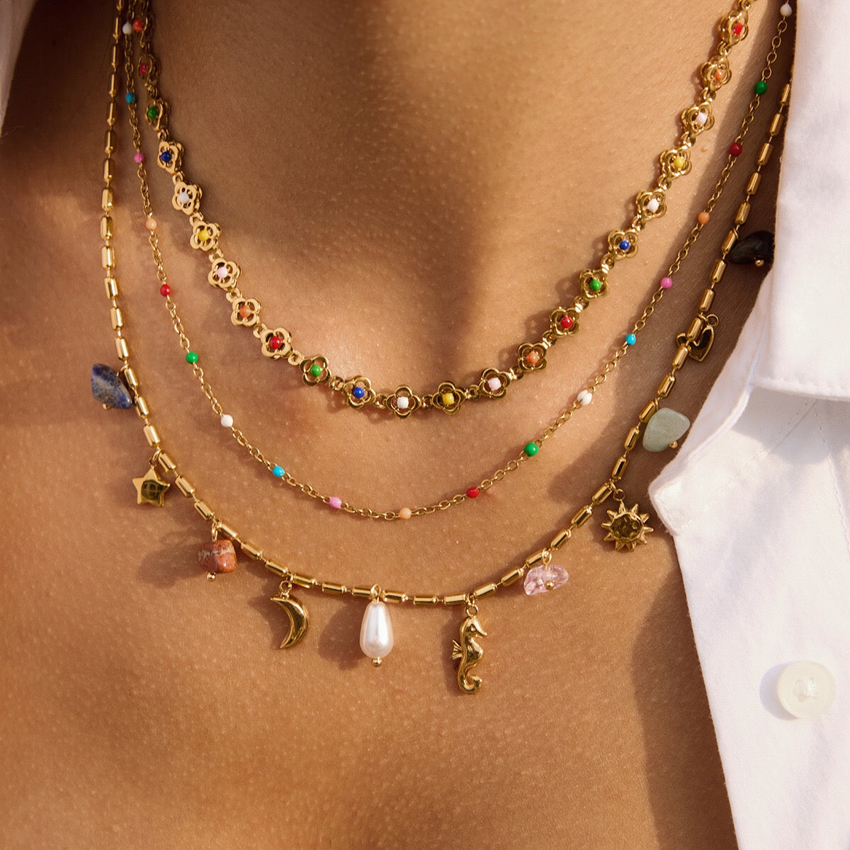 18K Gold Confetti Petal Link Flower Chain Necklace Jewelry Set