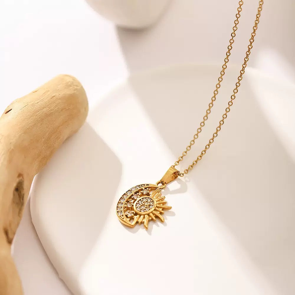 18K Gold Celestial Moon and Sun Pendant Necklace