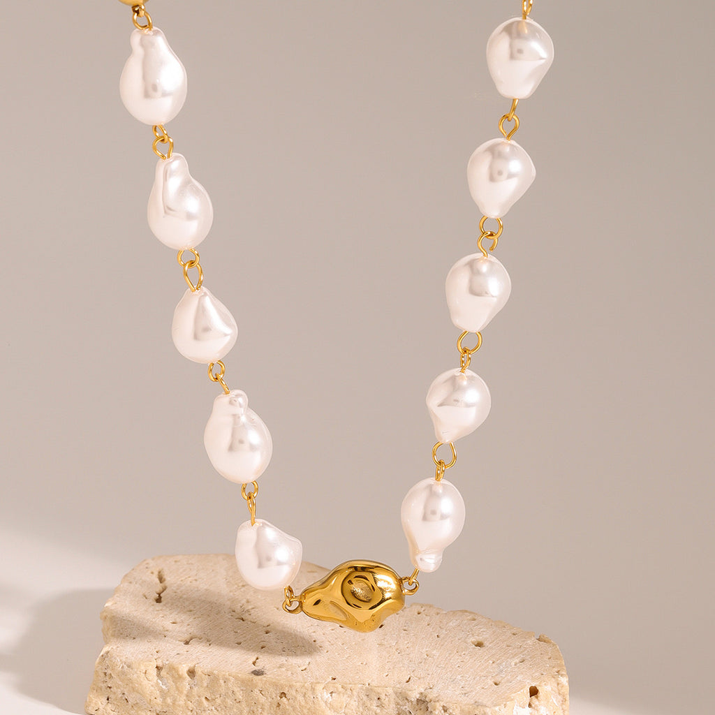 18K Gold Chunky Baroque Pearl Ball Chain Beaded Statement Necklace