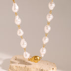 18K Gold Chunky Baroque Pearl Ball Chain Beaded Statement Necklace
