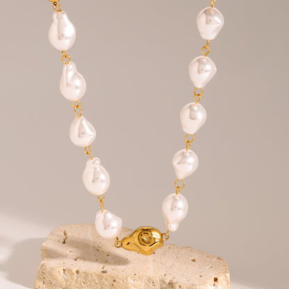 18K Gold Chunky Baroque Pearl Ball Chain Beaded Statement Necklace
