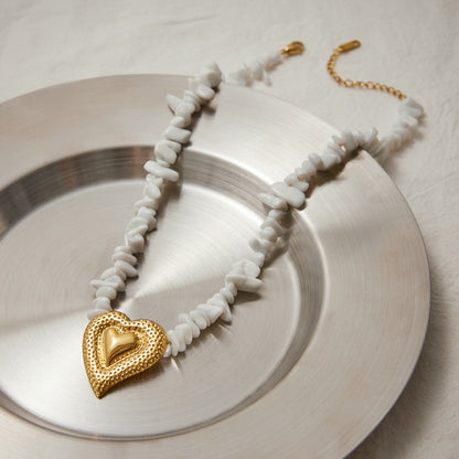 18K Gold Heart Pendant Puka Shell Statement Choker Necklace