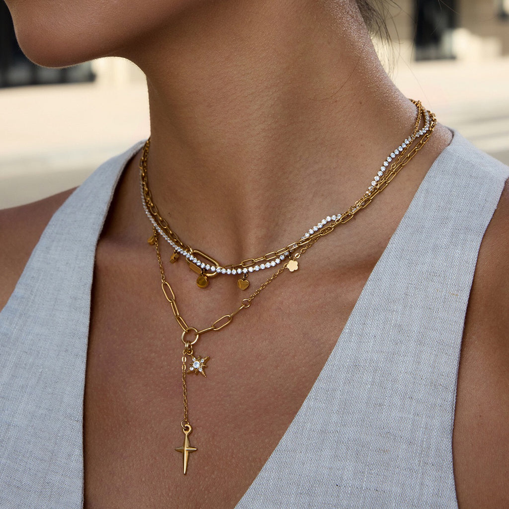 18K Gold Starry Y Shape Pendant Heart Tennis Chain Paperclip Layered Necklace Set