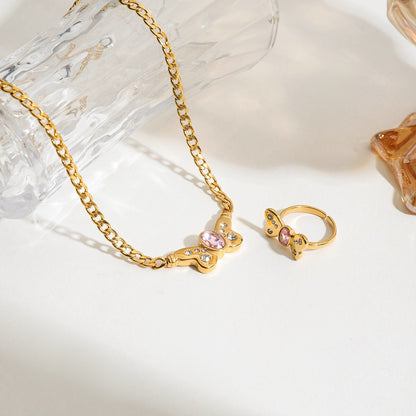 18K Gold Pink Butterfly Curb Chain Necklace