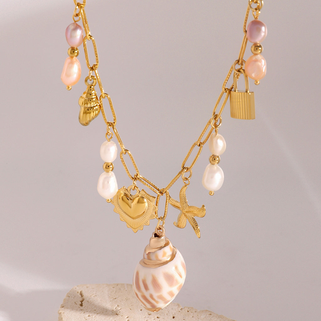 18K Gold Summer Seashell Pearl Statement Charm Necklace
