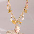 18K Gold Summer Seashell Pearl Statement Charm Necklace