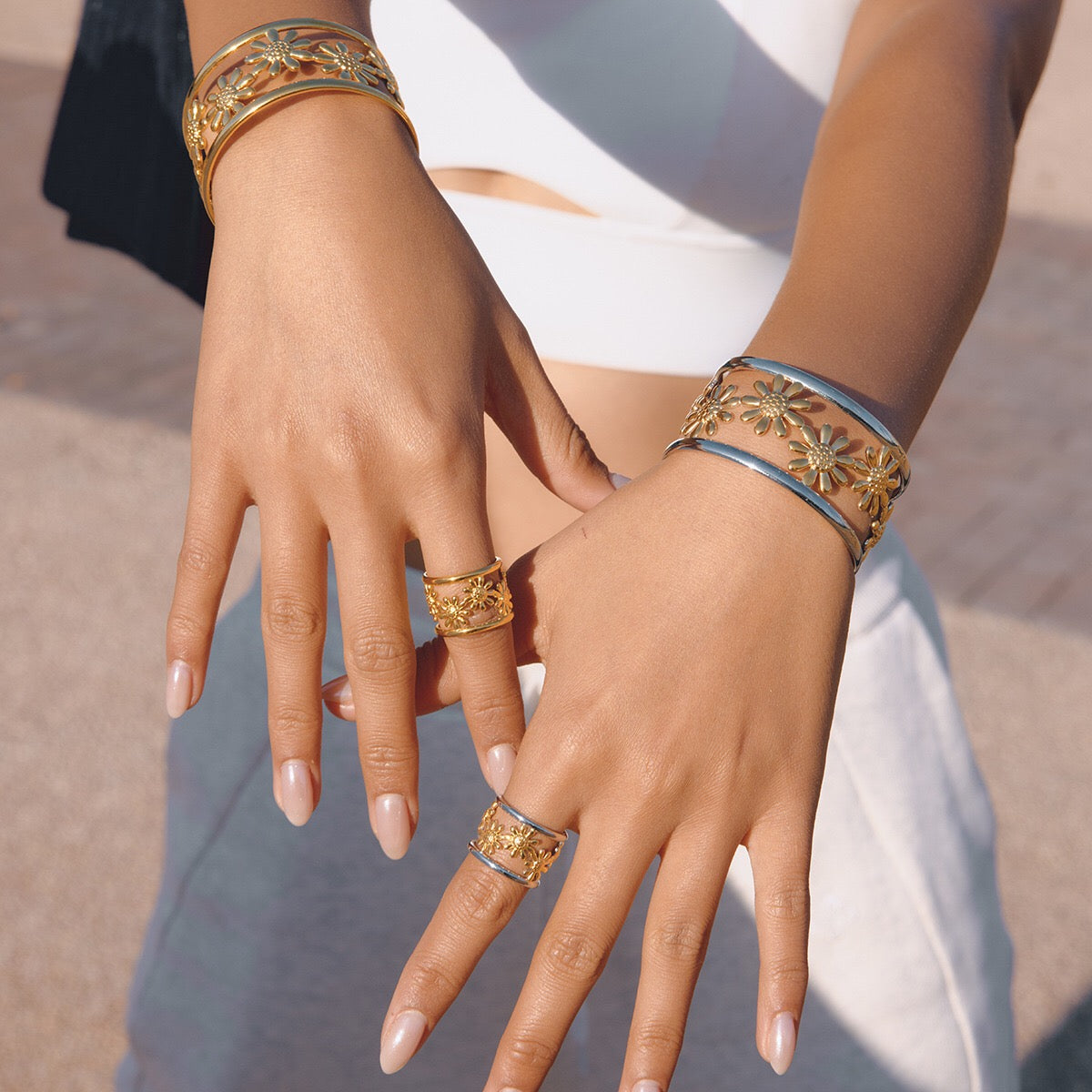 18K Gold and Silver Two Tone Wild Bloom Flower Statement Bangle Cuff Bracelet