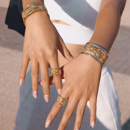 18K Gold and Silver Two Tone Wild Bloom Flower Statement Bangle Cuff Bracelet