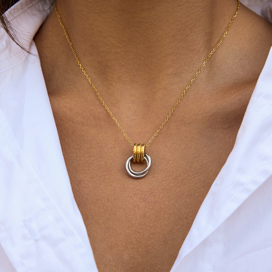 18K Gold and Silver Two Tone Geometric Pendant Necklace