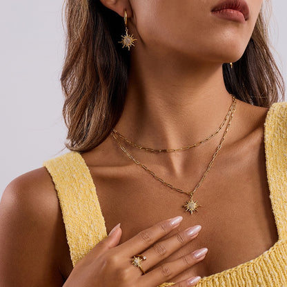 18K Gold Solar Pendant Paper Clip Double Chain Layered Necklace Set