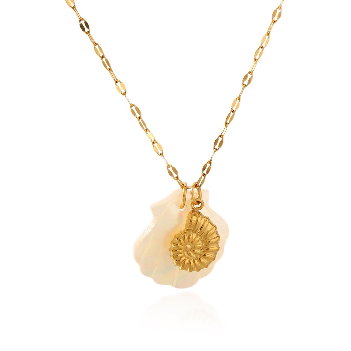 18K Gold Mother of Pearl Seashell Ocean Charm Pendant Necklace