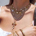 18K Gold Forbidden Cross Pearl Pendant Statement Layered Necklace Set