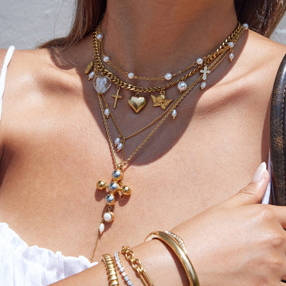 18K Gold Forbidden Cross Pearl Pendant Statement Layered Necklace Set