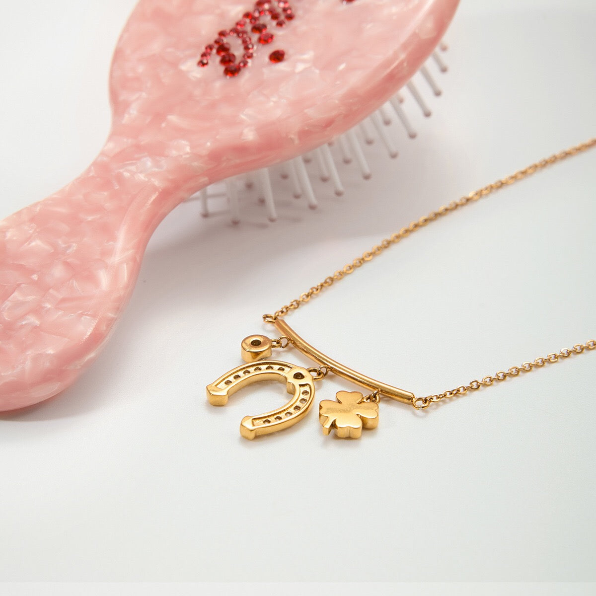18K Gold Horseshoe Clover Lucky Charm Herringbone Double Chain Layered Necklace Set