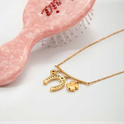 18K Gold Horseshoe Clover Lucky Charm Herringbone Double Chain Layered Necklace Set