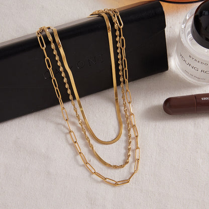 18K Gold Quiet Luxe Paper Clip Herringbone Snake Chain Layered Necklace Set