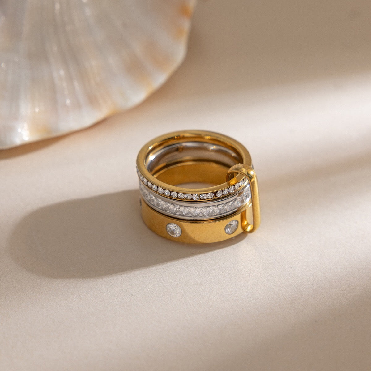 18K Gold and Silver Two Tone Noble Multiple Linked Eternity Spinelli Ring Stack
