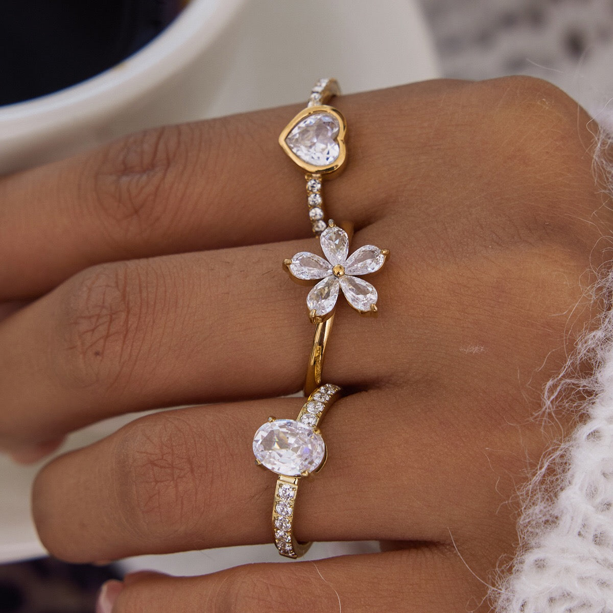 18K Gold Flirt Alert Flower Heart Statement CZ Stacking Ring