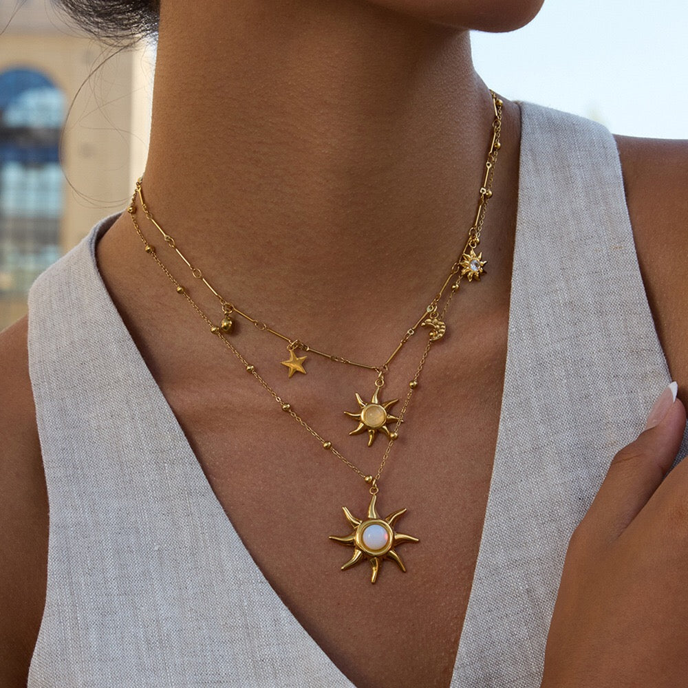 18K Gold Opal Forever Sun Pendant Statement Charm Necklace