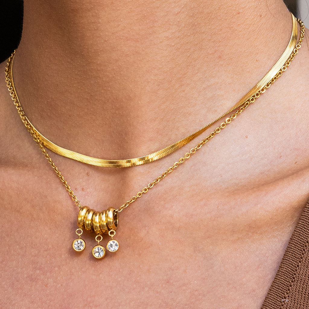 18K Gold Starry Ring Charm Pendant Herringbone Snake Chain Layered Necklace Set
