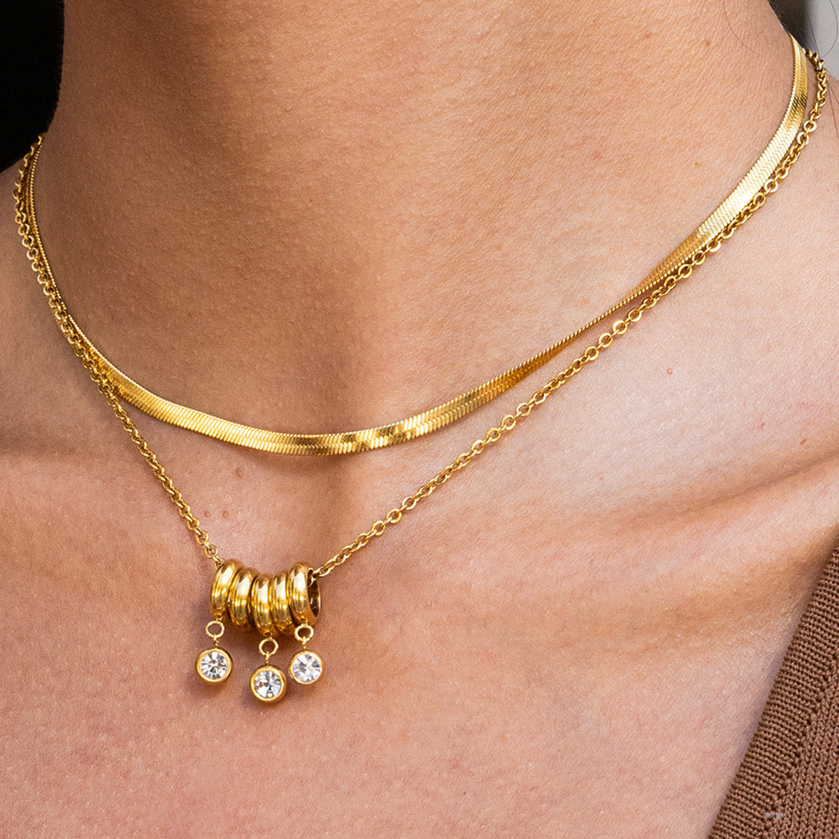 18K Gold Starry Ring Charm Pendant Herringbone Snake Chain Layered Necklace Set