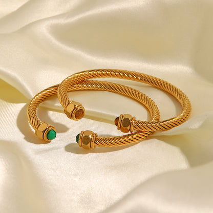 18K Gold Natural Stone Twisted Ribbed Cuff Bangle Bracelet