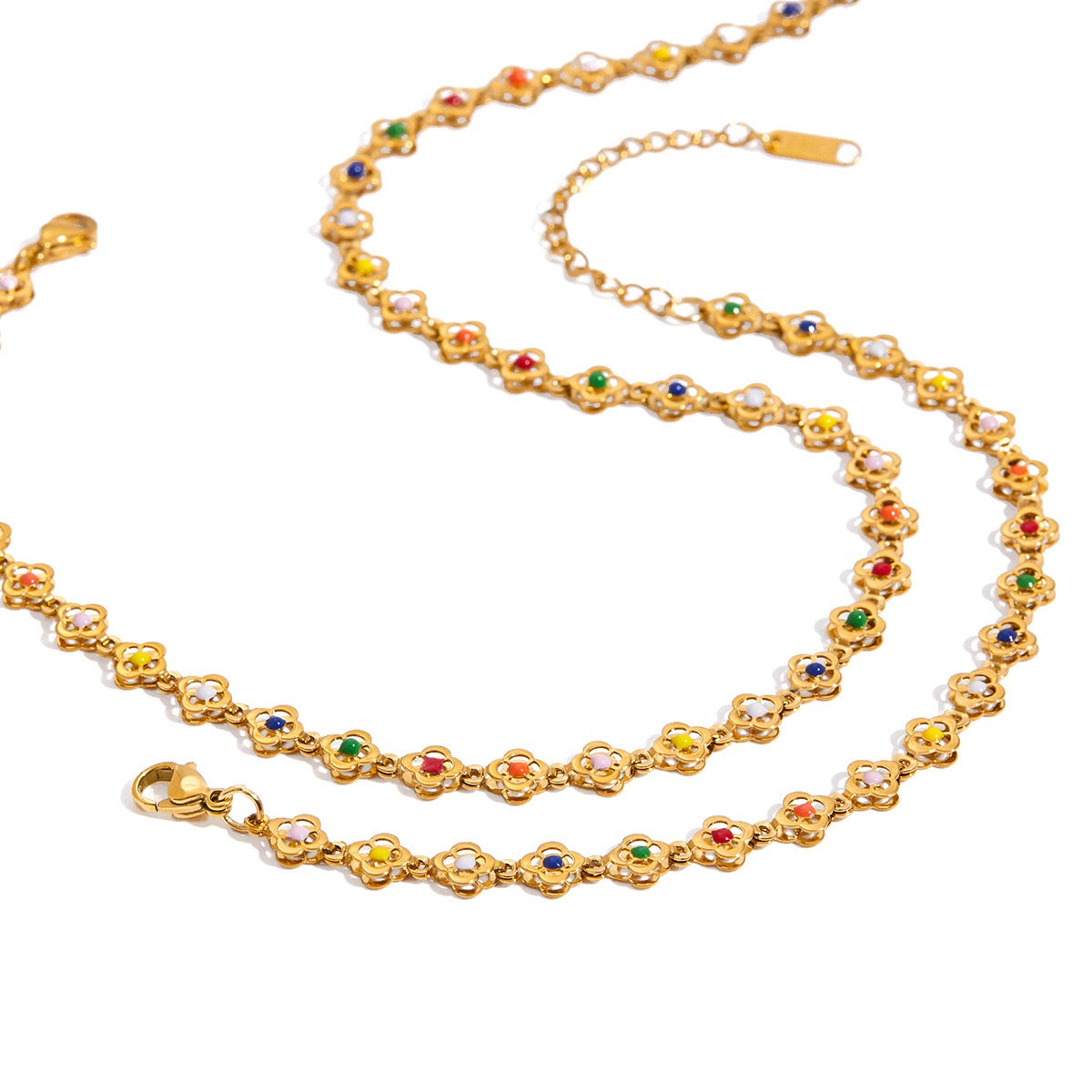 18K Gold Confetti Petal Link Flower Chain Necklace Jewelry Set