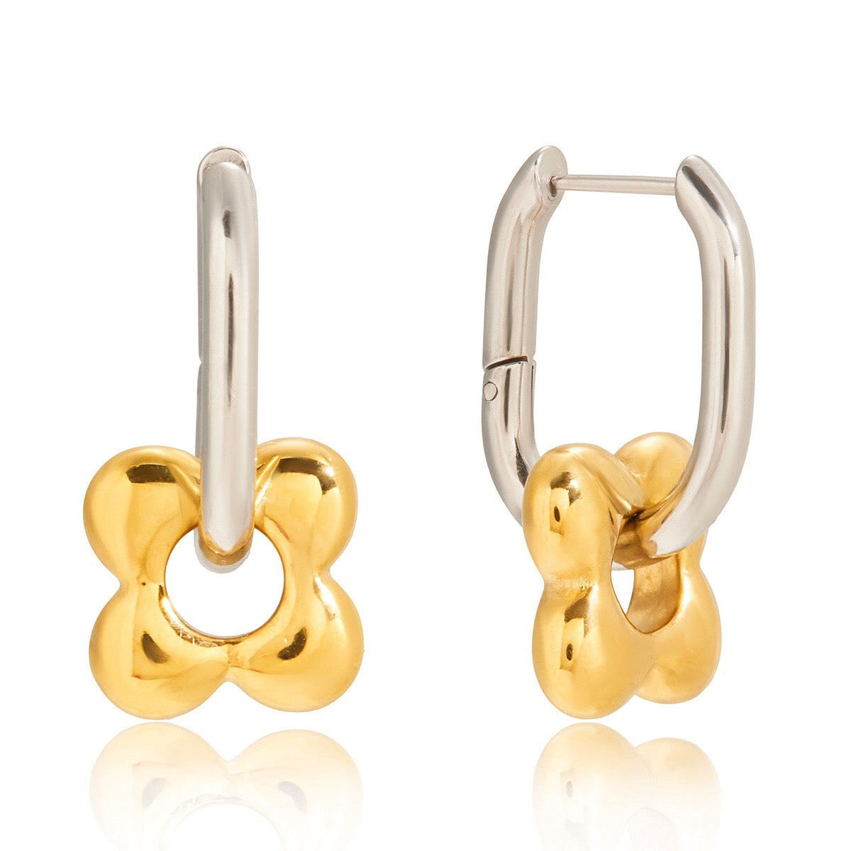 18K Gold and Silver Two Tone Flower Small Hoop Dangle Huggie Earrings