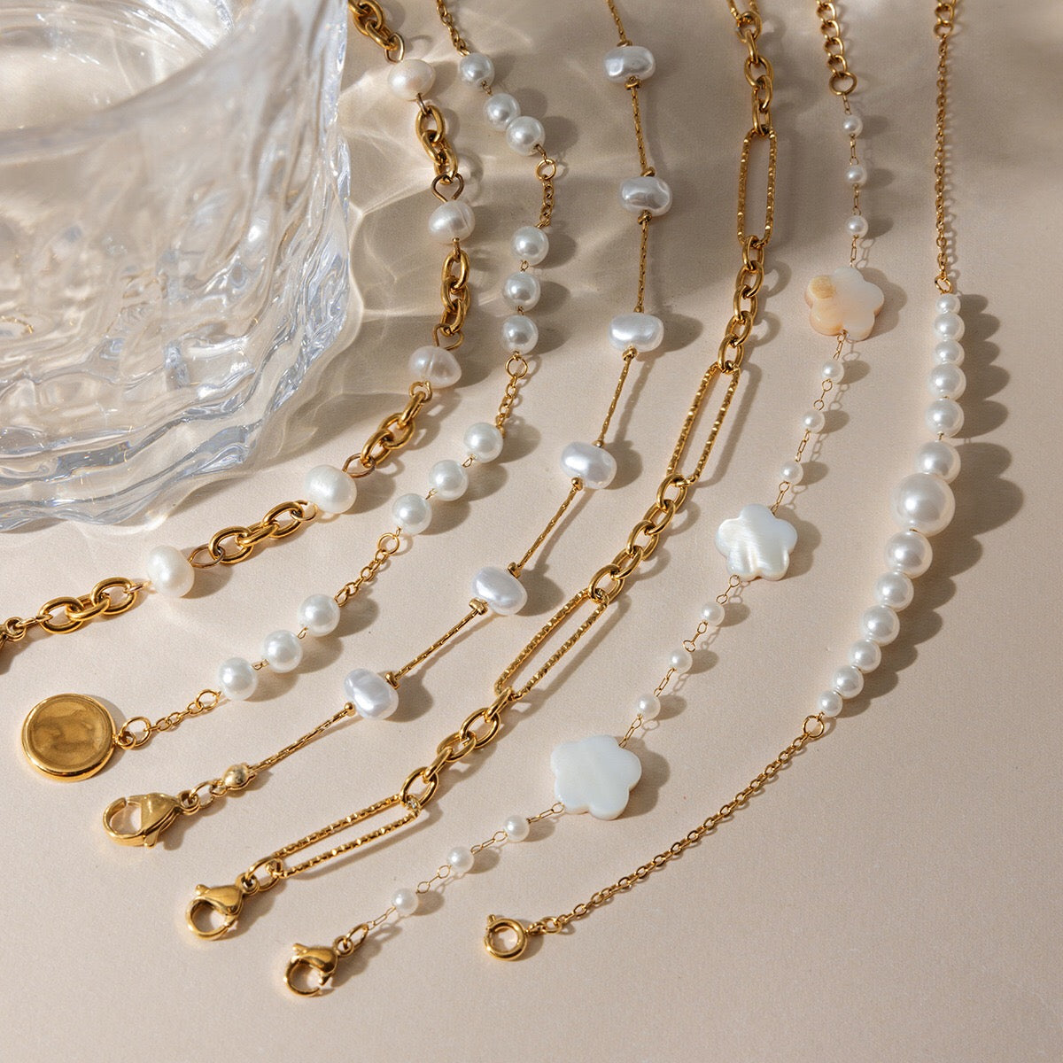 18K Gold Floating Pearls Chain Bracelet Stack