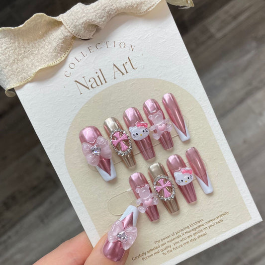 Hello Kitty Baddie Pink Cute Long Press on Nails