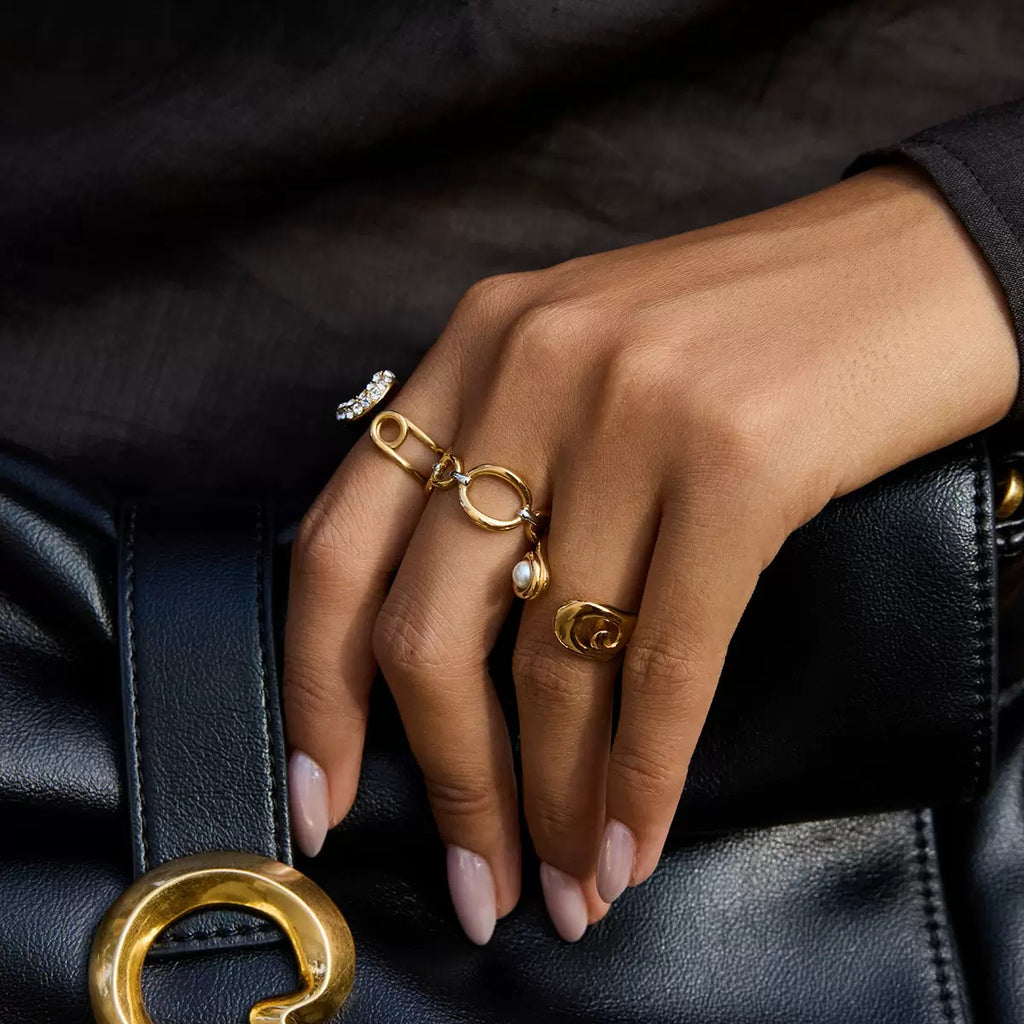 18K Gold Bejeweled Safety Pin Cuff Stacking Ring
